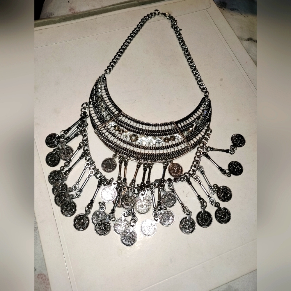 silver-tone metal bib necklace of hanging coins boho gypsy ethnic